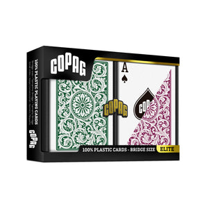 Copag 1546 100% Plastic Playing Cards - Bridge Size (Narrow) Regular Index Burgundy/Green Double Deck Set