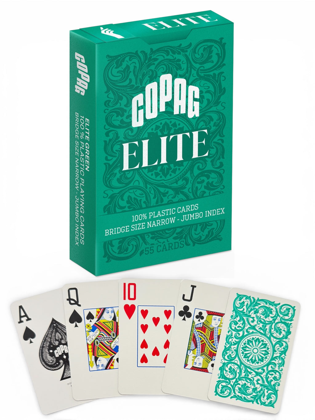 Copag Elite 100% Plastic Playing Cards - Bridge Size (Narrow) Jumbo Index Green Single Deck