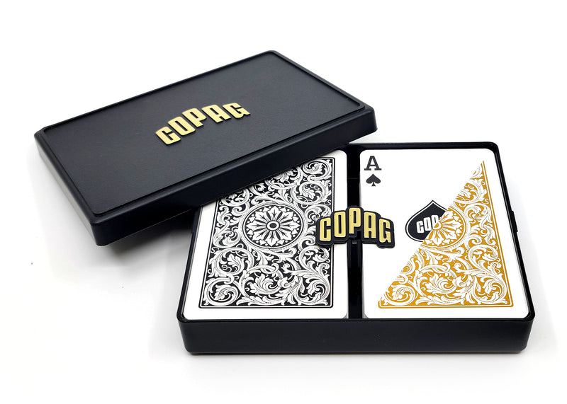 Copag 1546 100% Plastic Playing Cards - Narrow Size (Bridge) Regular Index Black/Gold Double Deck Set