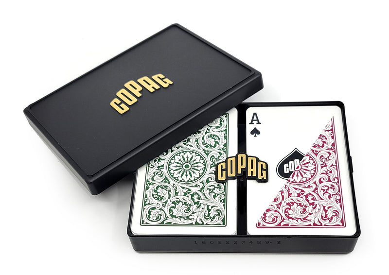 Copag 1546 100% Plastic Playing Cards - Bridge Size Regular Index Burgundy/Green Double Deck Set
