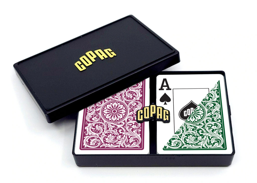 Copag 1546 100% Plastic Playing Cards - Poker Size Jumbo Index Burgundy/Green Double Deck Set
