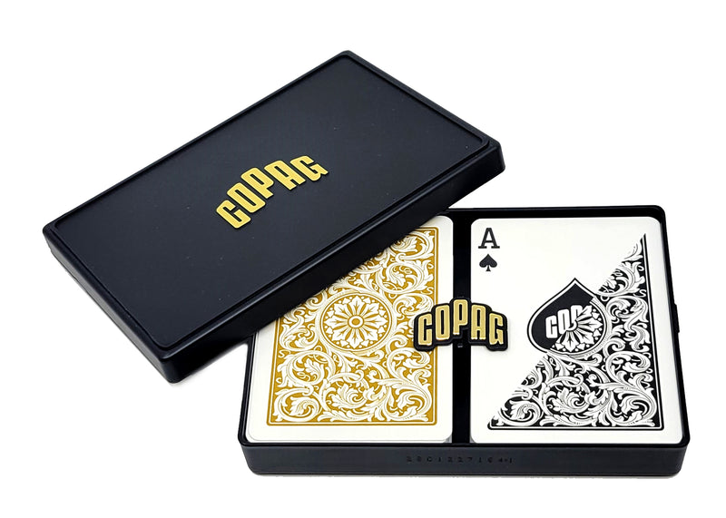 Copag 1546 100% Plastic Playing Cards - Standard Size (Poker) Regular Index Black/Gold Double Deck Set