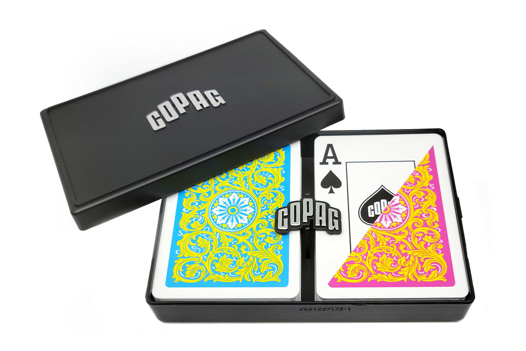 Copag 1546 Neoteric 100% Plastic Playing Cards - Poker Size Jumbo Index Pink/Yellow Double Deck Set