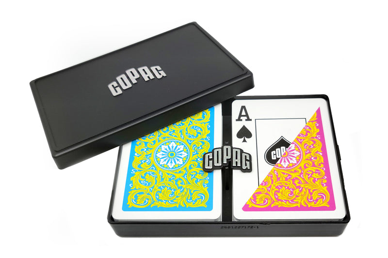 Copag 1546 Neoteric 100% Plastic Playing Cards - Poker Size Jumbo Index Pink/Yellow Double Deck Set