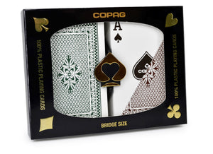 Copag 100% Plastic Playing Cards - Bridge Size (Narrow) Regular Index Green/Brown Double Deck Set