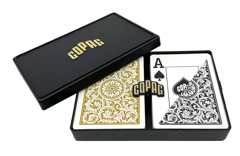 Copag 1546 100% Plastic Playing Cards - Poker Size Jumbo Index Black Gold Double Deck Set